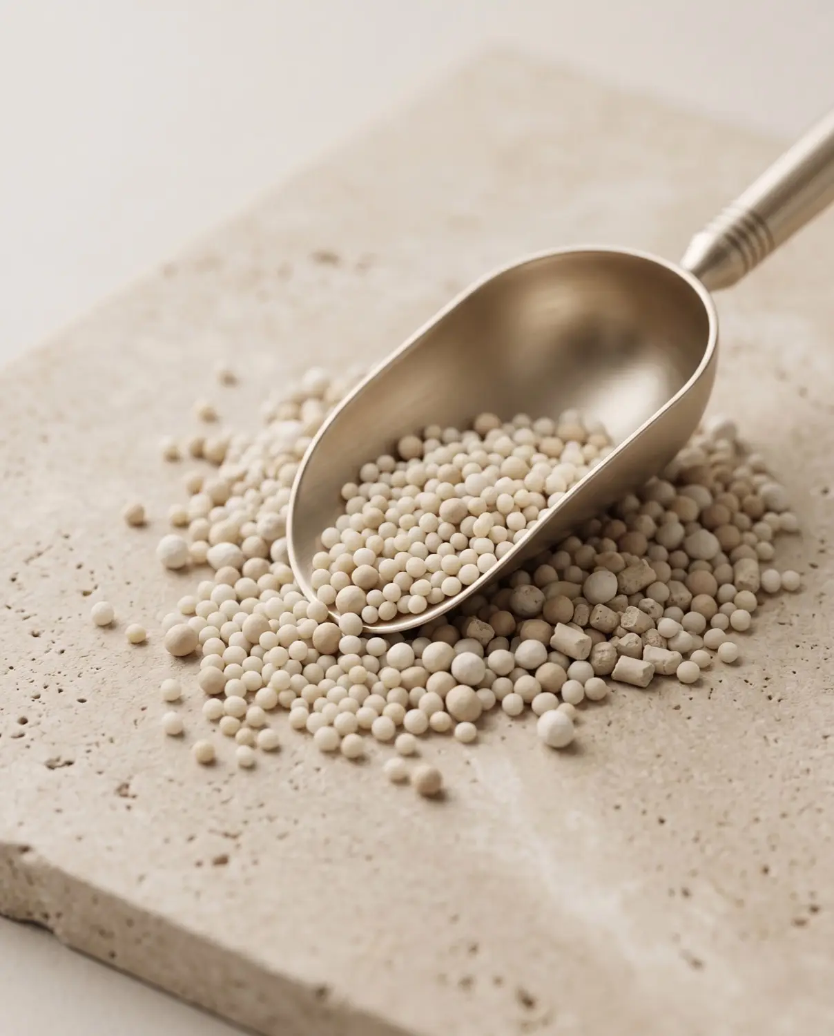 Fertilizer granules and a steel scoop on a stone surface