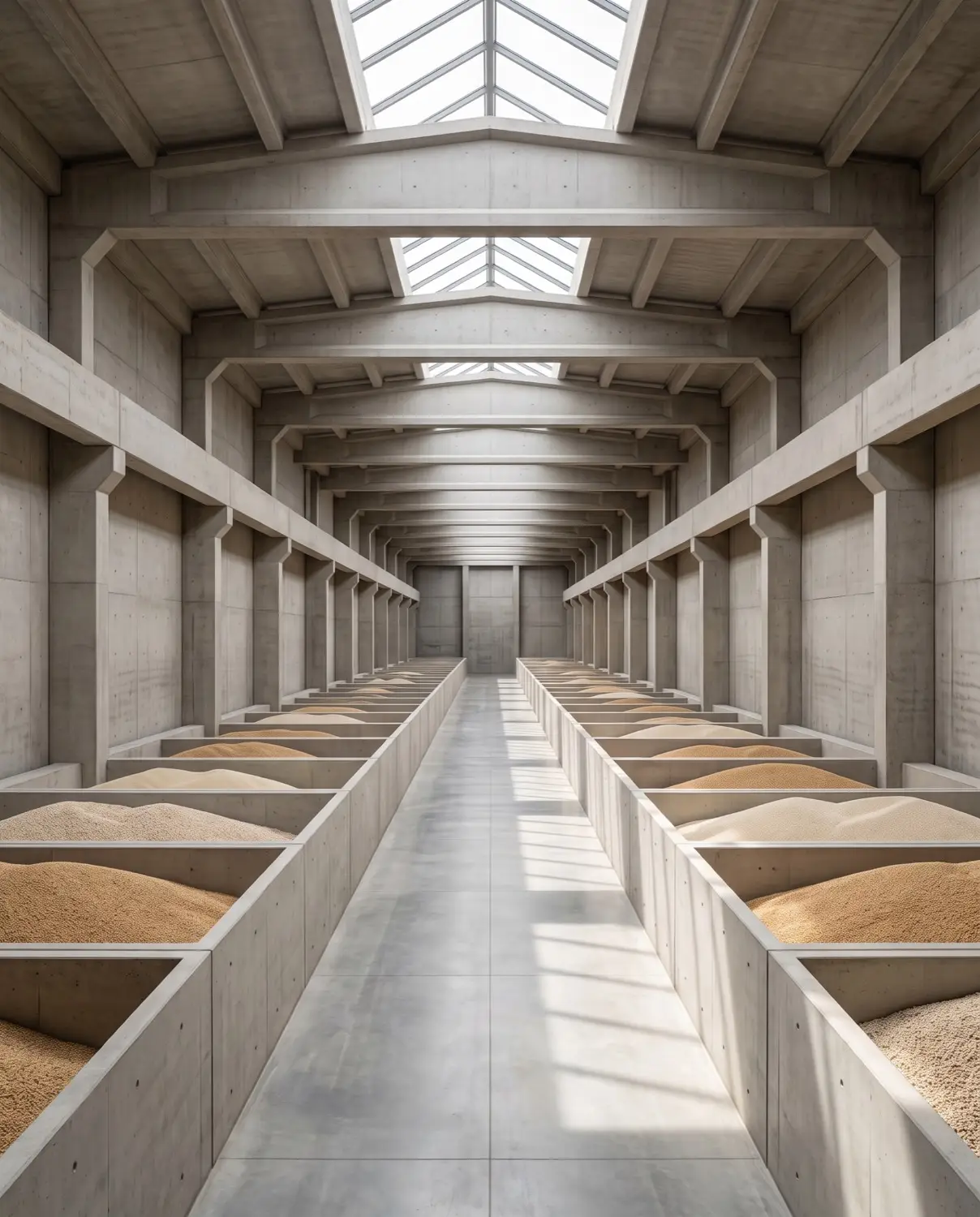 Daylight falling through the length of a grain storage facility