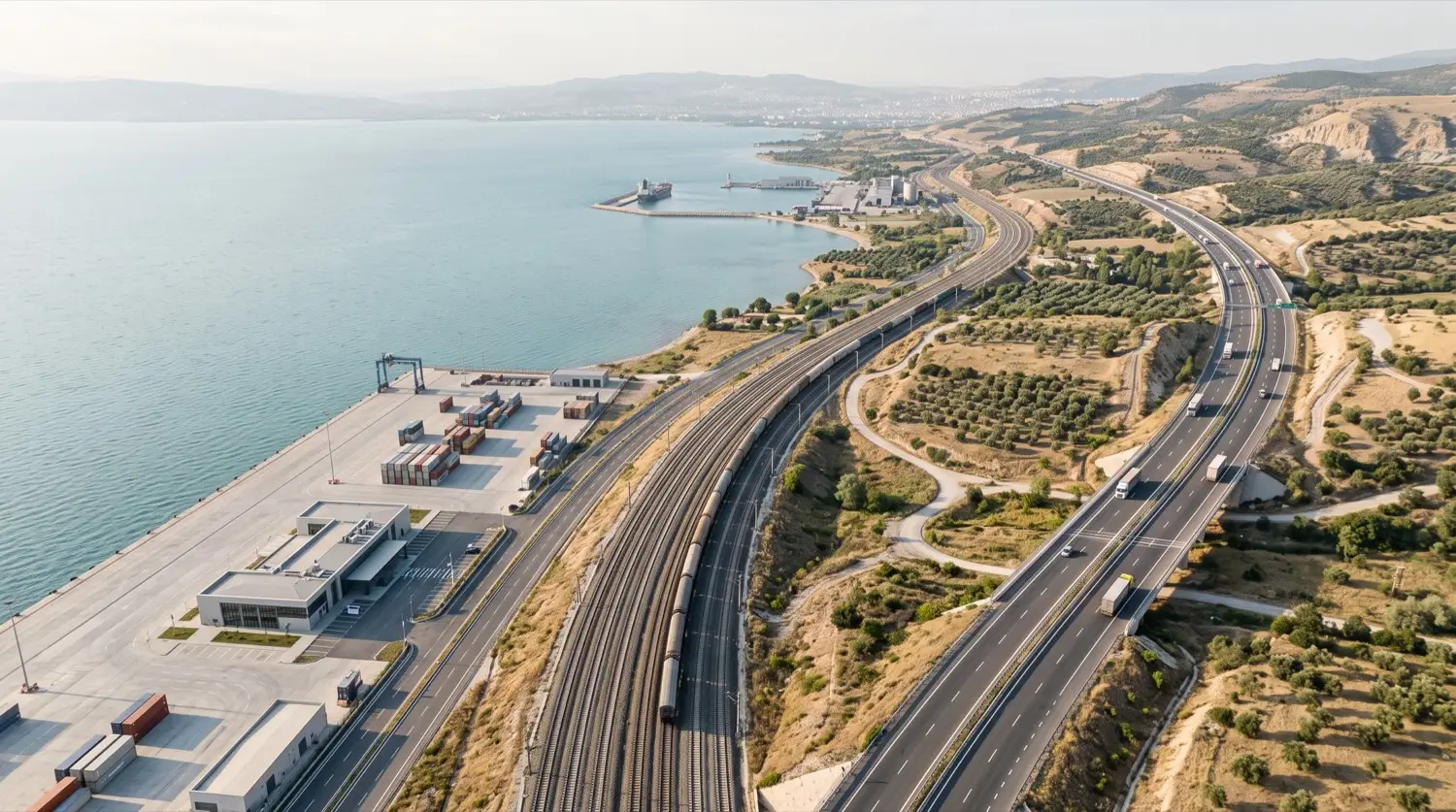 Coastal port and freight corridor viewed from above
