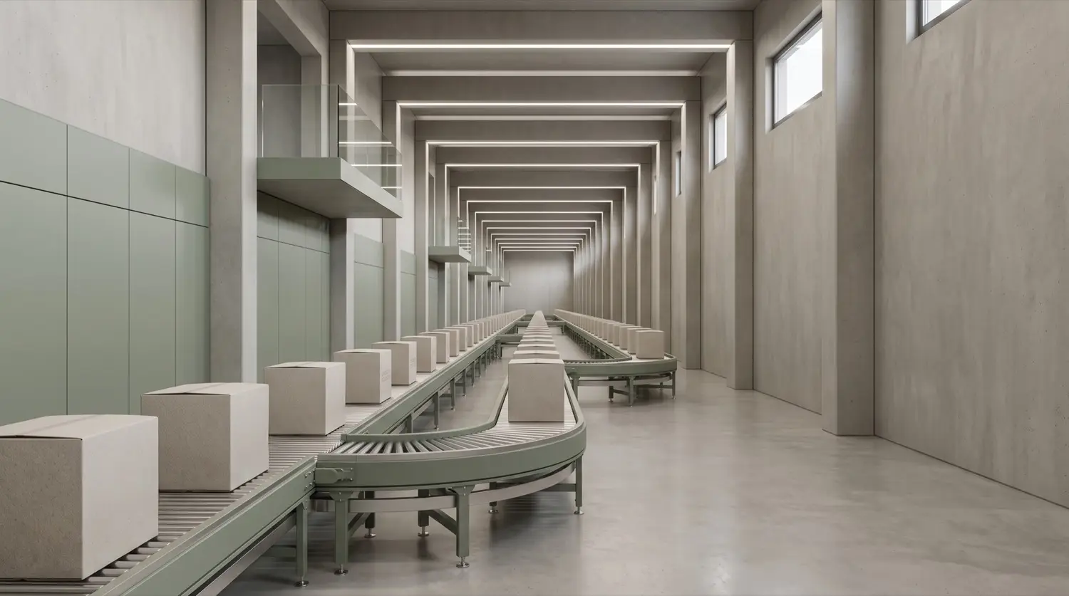 Conveyor line running the length of a clean distribution warehouse
