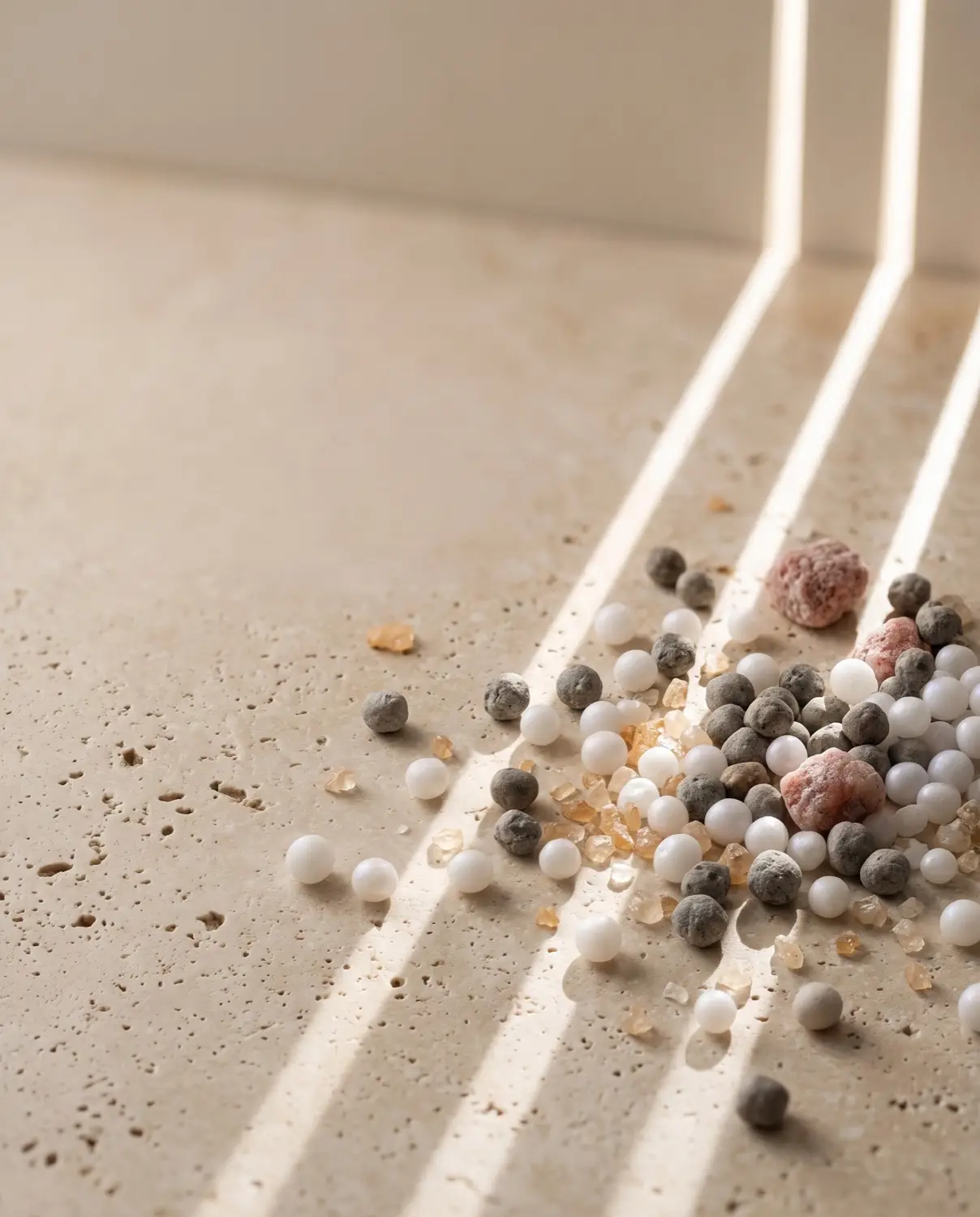Fertilizer and seed granules scattered across stone in raking light