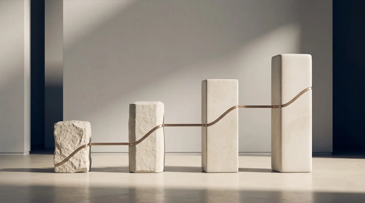 Five stone blocks rising in sequence, joined by a single brass line