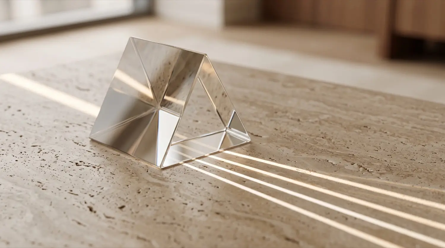 Glass prism refracting daylight into ordered lines across travertine
