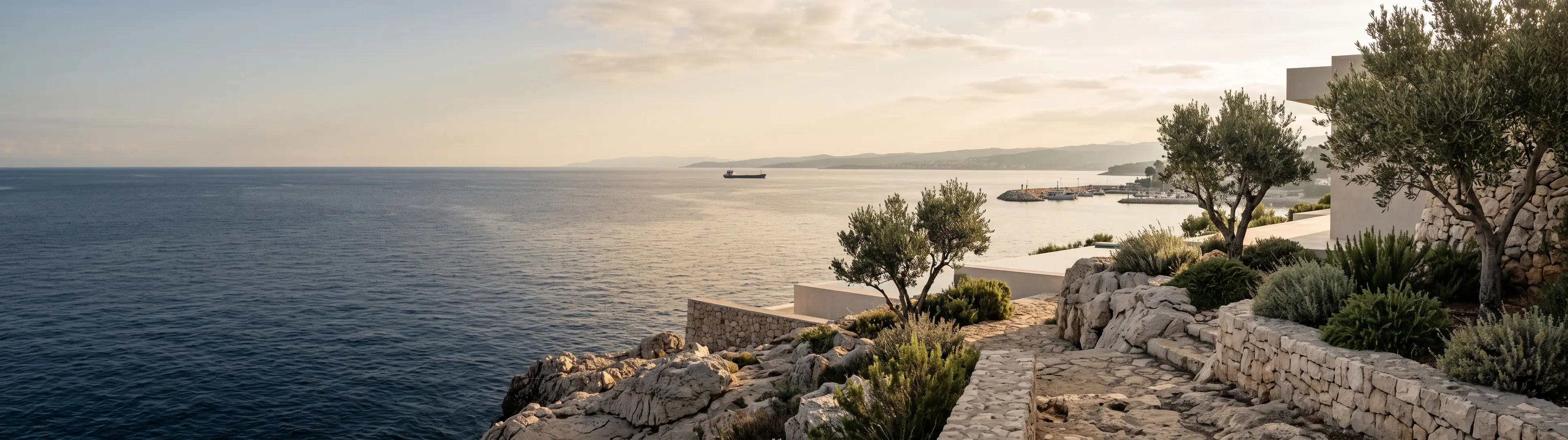 Calm Mediterranean sea meeting a stone terrace and olive trees at first light