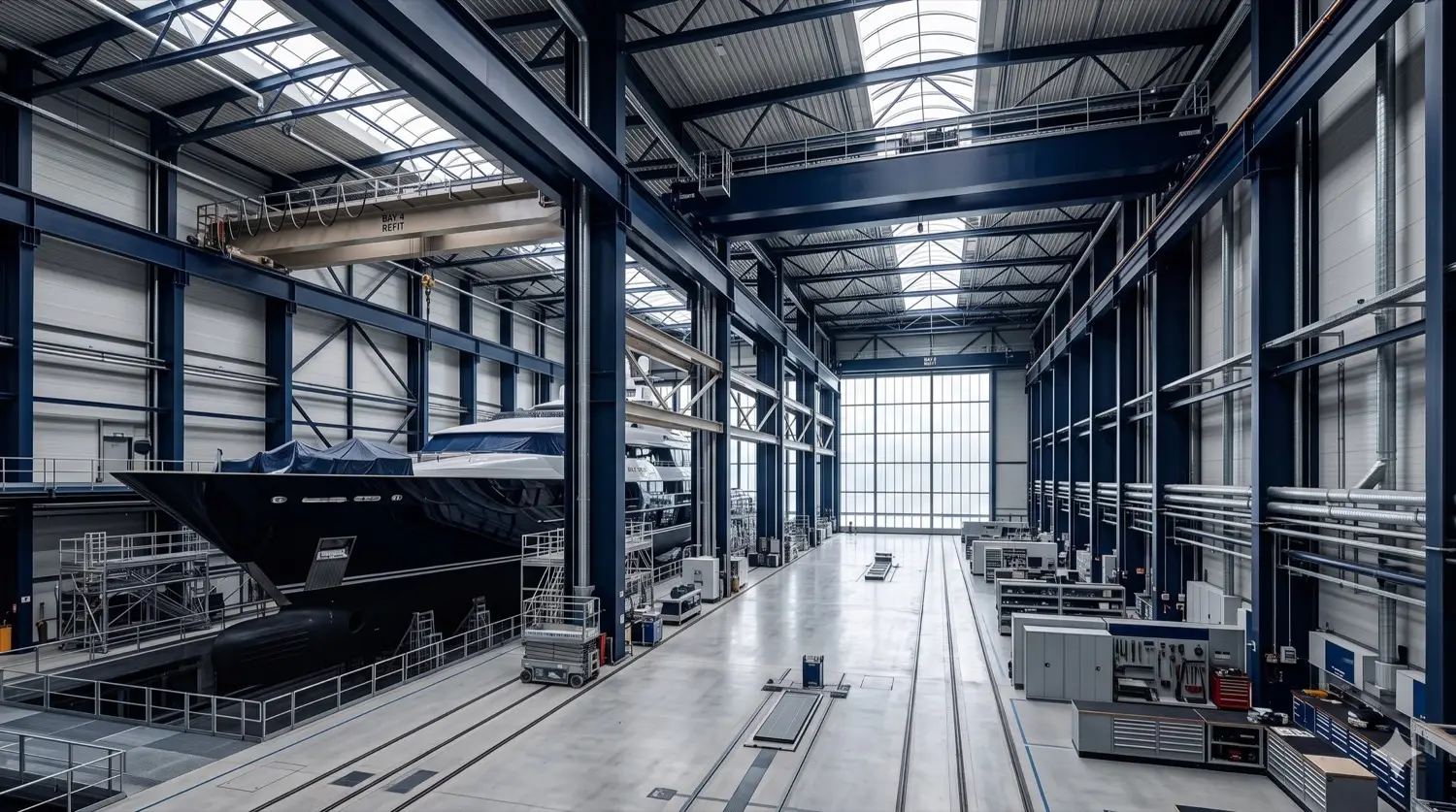 Superyacht refit hall with vessels under cover