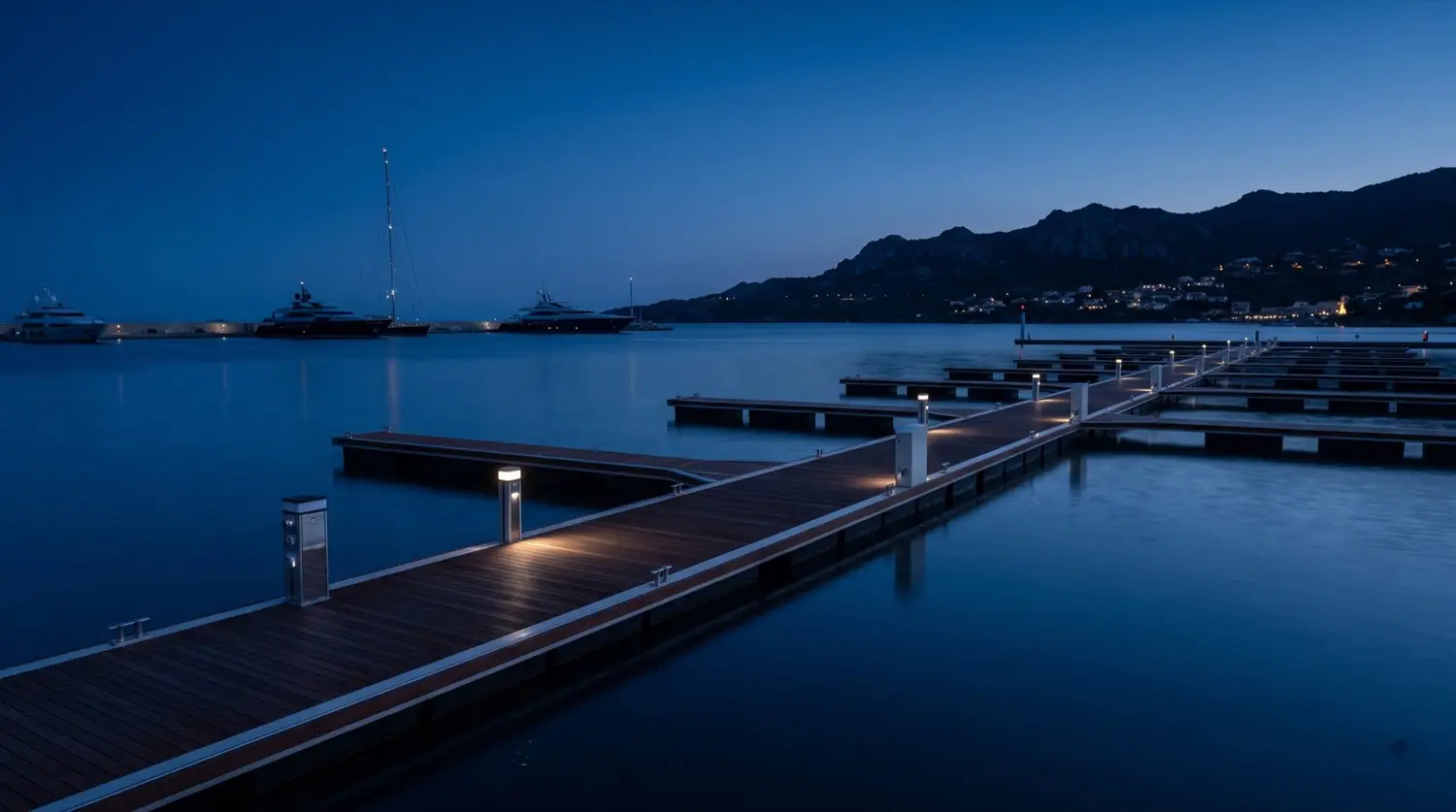 Marina pontoons and moored vessels at blue hour