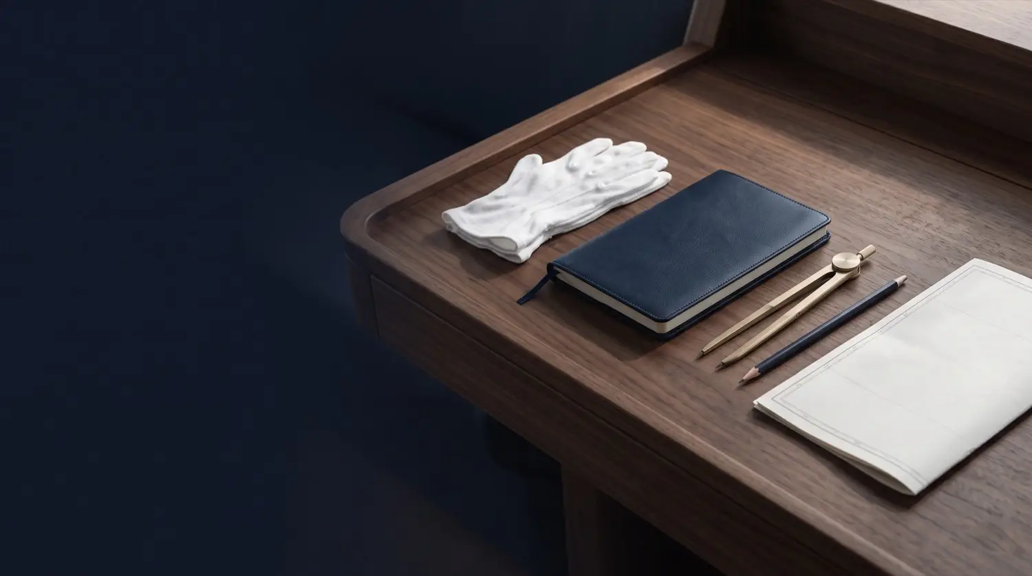 Bridge desk with a navigation notebook, dividers and white gloves