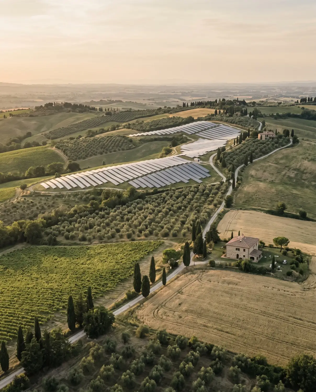 Aerial view of a solar PV array set into Italian farmland at first light