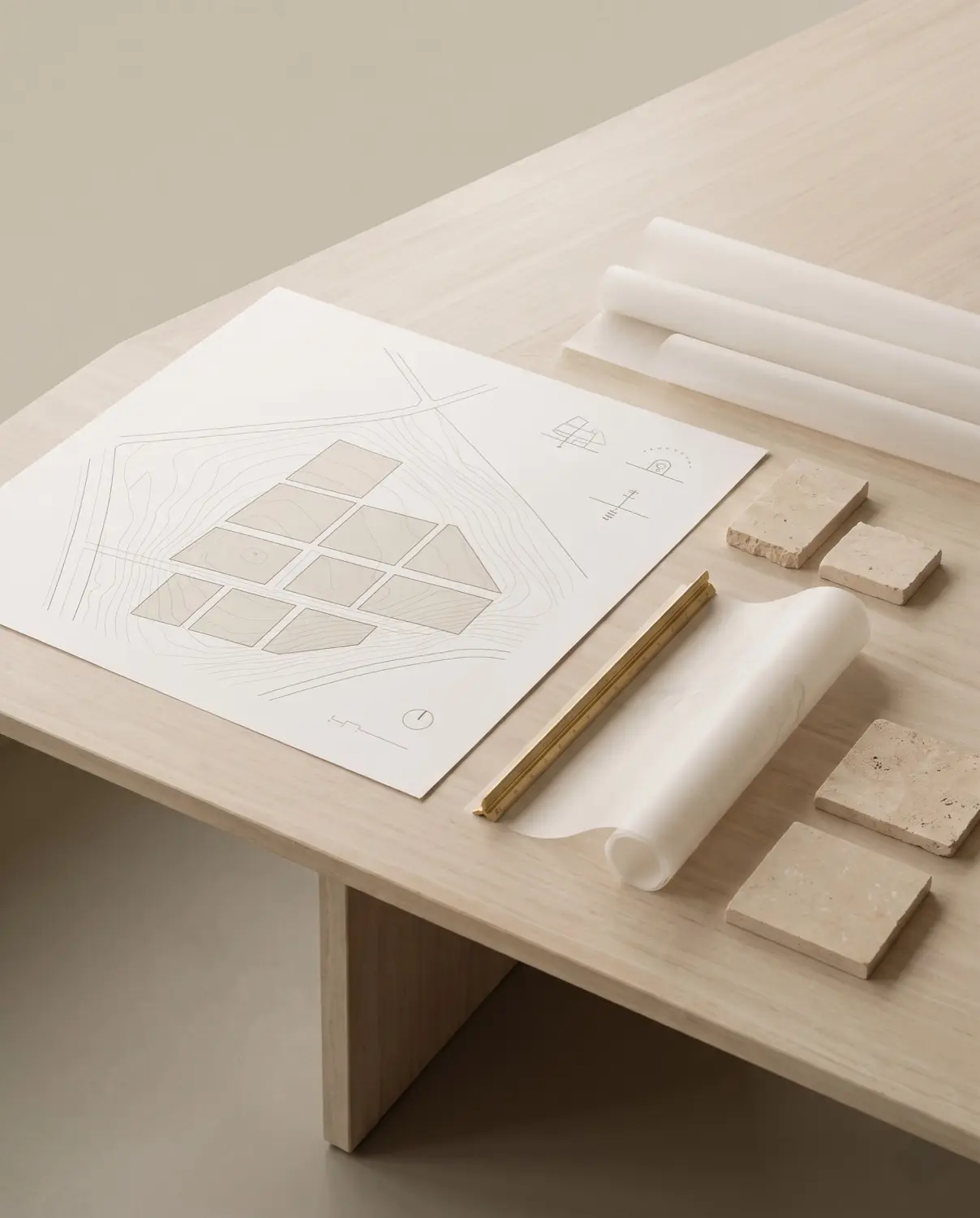 Solar plant site layout drawings and scale study on a studio table
