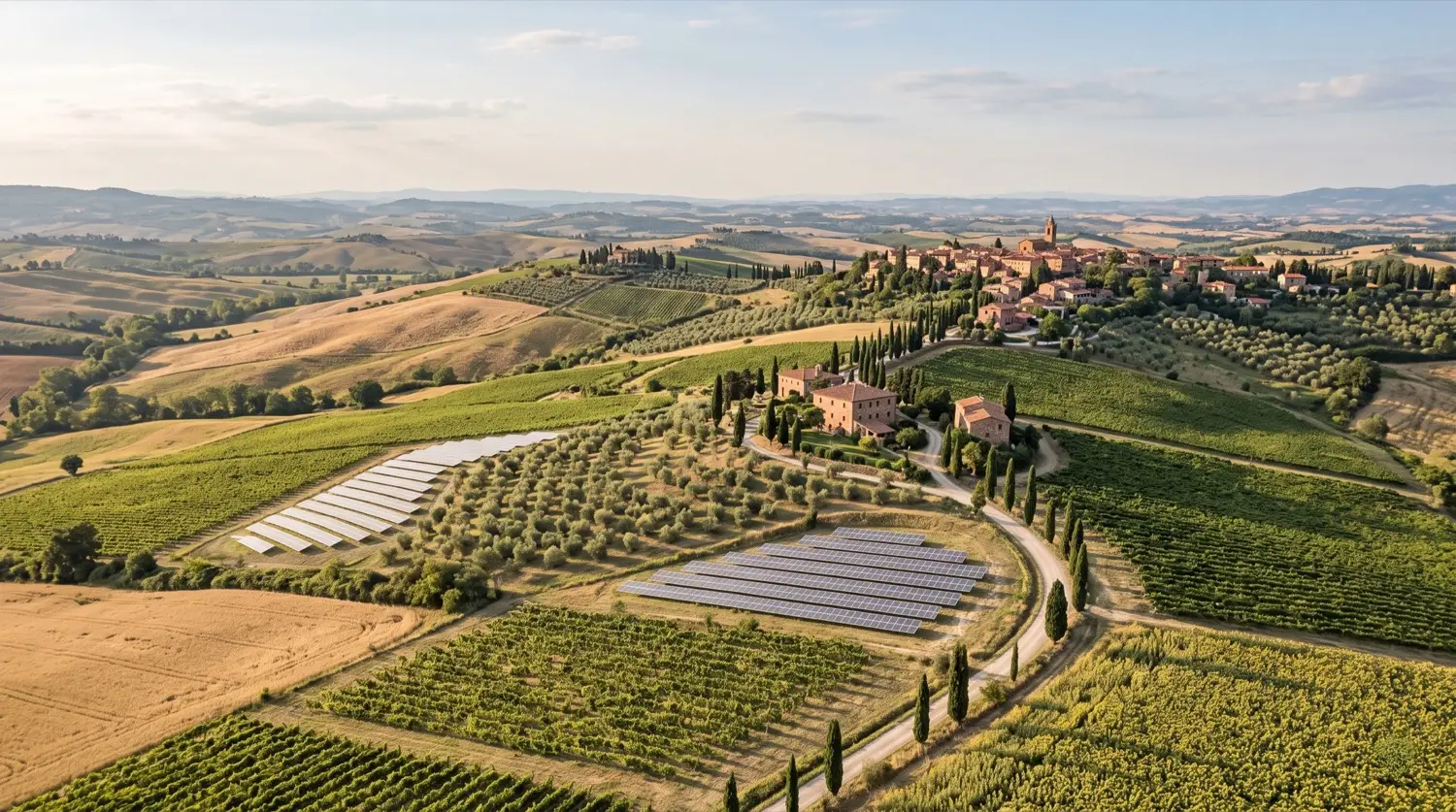 Solar array integrated into cultivated hillside farmland in Italy