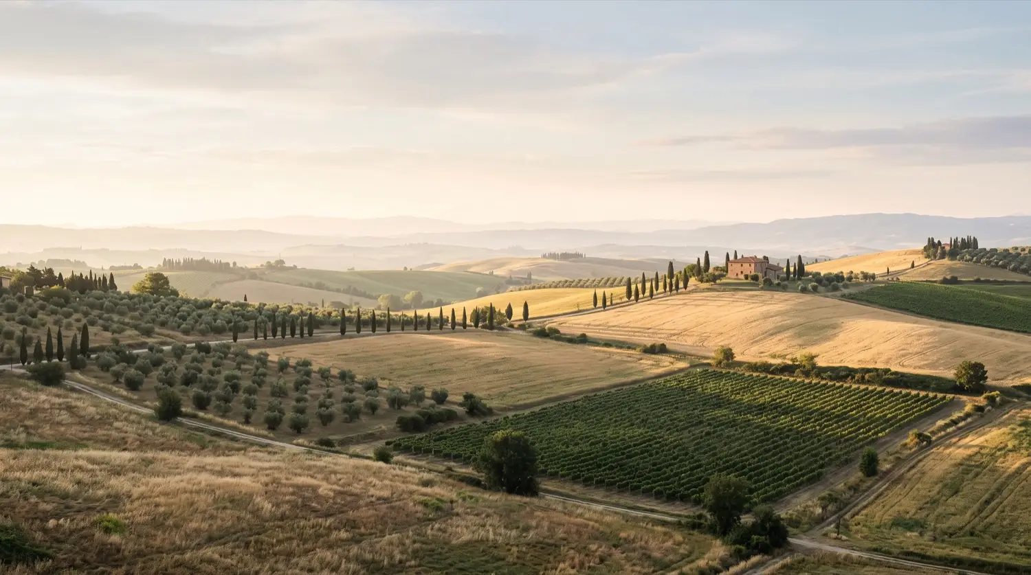 Cultivated Italian valley with cypress lines and distant solar arrays